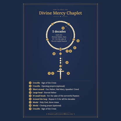 Labeled diagram showing how to pray the Divine Mercy Chaplet bead by bead, steps 1 to 9