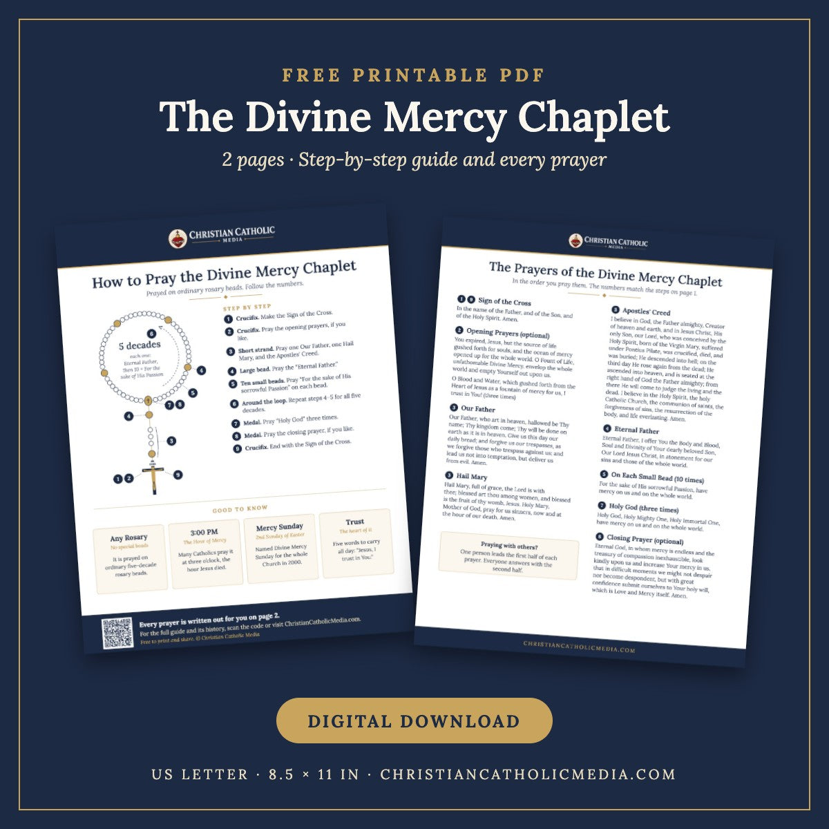 Divine Mercy Chaplet free printable PDF guide: 2 pages, a labeled rosary diagram with numbered steps, plus every prayer written out