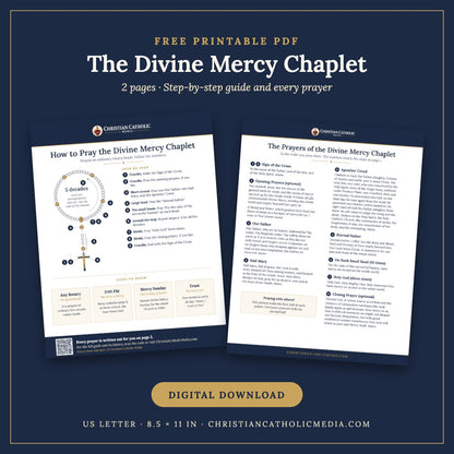 Divine Mercy Chaplet free printable PDF guide: 2 pages, a labeled rosary diagram with numbered steps, plus every prayer written out