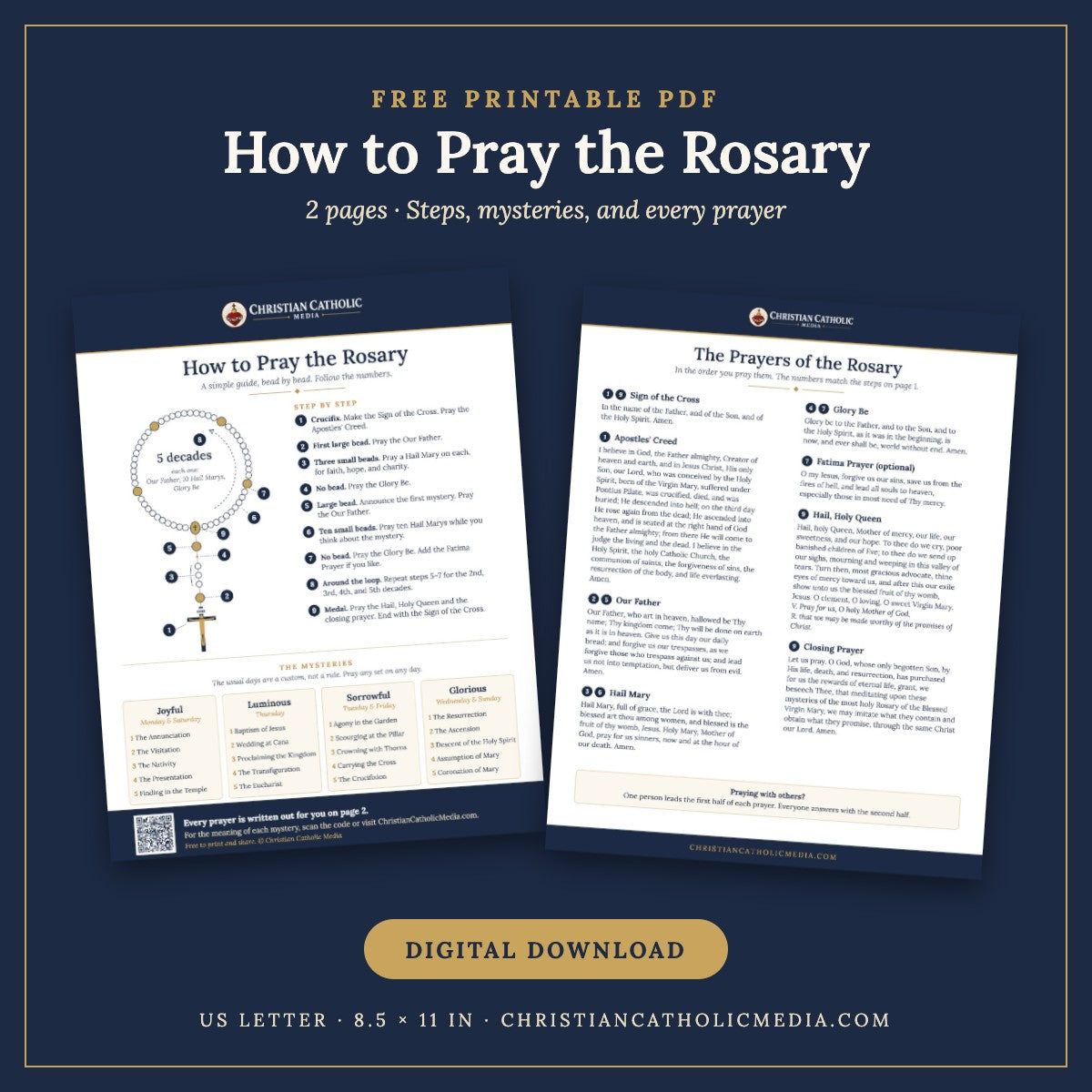 How to Pray the Rosary free printable PDF guide: 2 pages, a labeled rosary diagram with numbered steps and the mysteries, plus every prayer written out