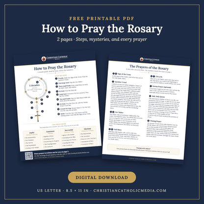 How to Pray the Rosary free printable PDF guide: 2 pages, a labeled rosary diagram with numbered steps and the mysteries, plus every prayer written out