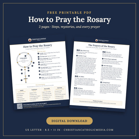 How to Pray the Rosary free printable PDF guide: 2 pages, a labeled rosary diagram with numbered steps and the mysteries, plus every prayer written out